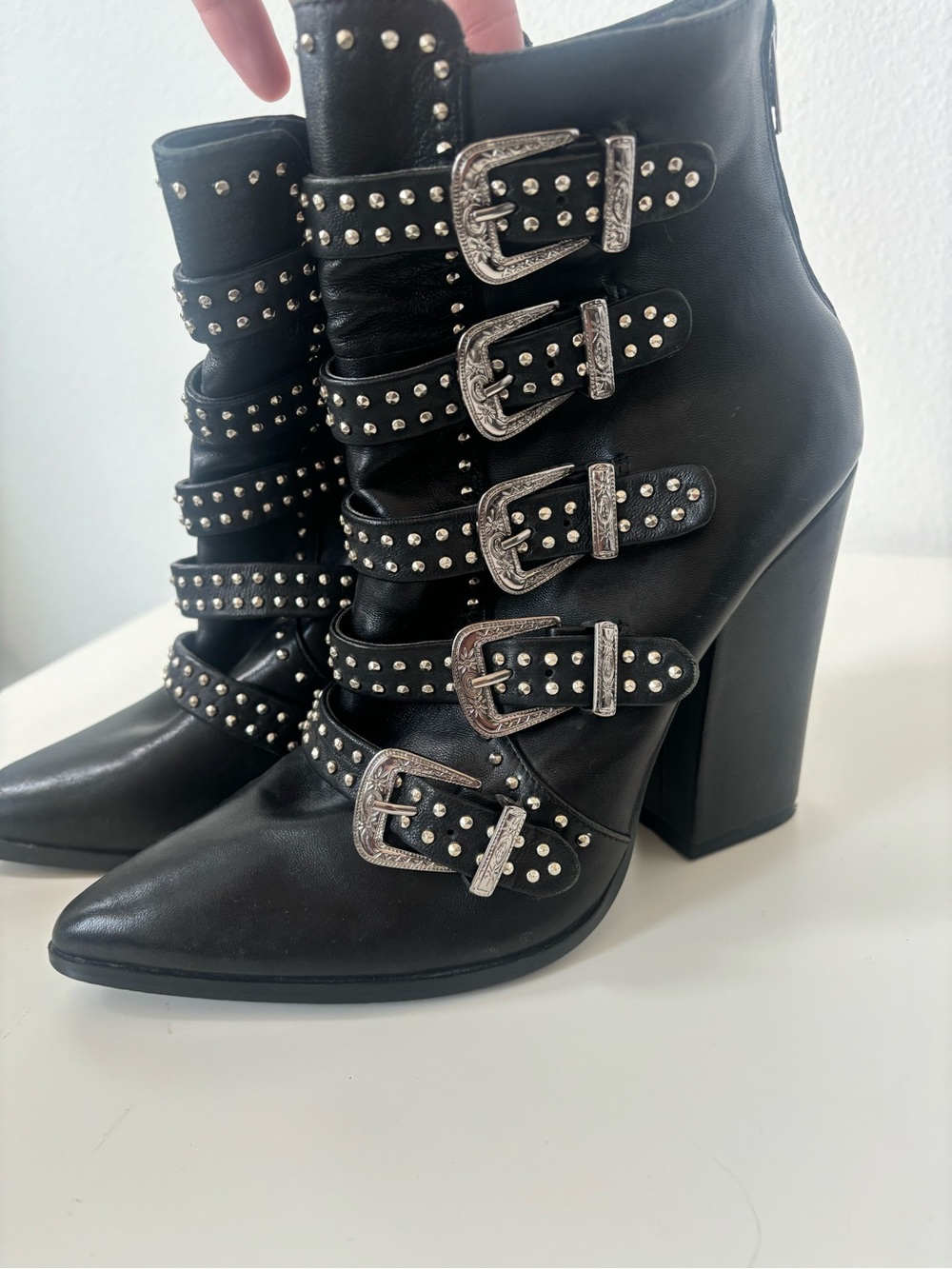 Steve Madden Black Studded Buckle Block Heel Ankle Boots size 10